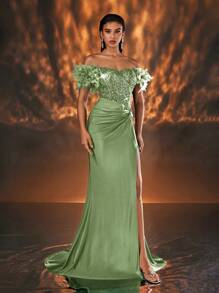 Glamrae 优雅奢华的祖母绿露肩毛茸茸袖子，带有透明亮片面板，弹力面料，开衩鱼尾裙，婚礼宾客礼服，适合婚礼、派对、毕业典礼、庆典、鸡尾酒会礼服、派对礼服、正式礼服、晚礼服、长袍 - 綠色 - 查看 6