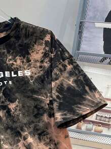 SHEIN 2 Pcs Teen Boy Casual Letter Tie-Dye Print Tshirt And Shorts 2 Pieces Set, Spring Wear; Teen Boys' Clothing; Teen Boy' Jackets, Spring Back To School