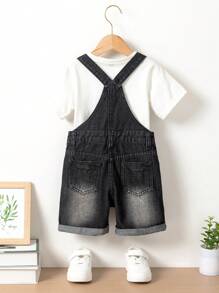 Young Boys Vintage Washed Black & Grey Classic Distressed Rolled Hem Denim Suspender Shorts, Casual & Simple Design