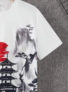 SHEIN 1 Pc Teen Boys T-Shirts Fit Crew Neck Short Sleeve Graphic Tee Landscape Casual Japanese Fashion PolyesterSpring Wear; Teen Boys' Clothing; Spring Back To School - White - View 4