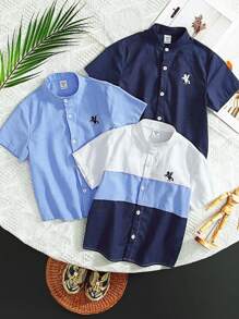 SHEIN 3 件套儿童青少年男童休闲假日纯色拼布撞色领印花短袖宽松衬衫，多件装 3 种不同设计，适合通勤、上学、日常休闲、旅行、运动、春季、夏季、秋季、冬季 - 彩色 - 查看 4
