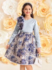 SHEIN Leap Crew Tween Girl 优雅荷叶边领长袖上衣和裙子 2 件套 - 藍色 - 查看 7