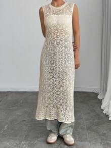 Chiquease Women's Crochet Knit Dress, Sleeveless Sheer Cover Up Dress, Beach Dress, Summer Dress - Beige - View 3