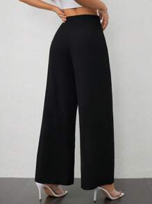 SHEIN PETITE Women's Simple Casual Fashion Back-To-School Season Old Money Commuting High-Waist Texture Wide-Leg Trousers