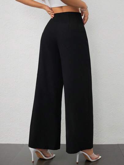 SHEIN PETITE Pantalones de pierna ancha de textura de cintura alta, de estilo casual y sencillo, apropiados para ir a la escuela o para ir y venir al trabajo