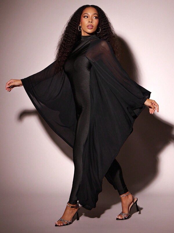 Vixey Mesh Cape Sleeve Detail Skinny Leg Jumpsuit