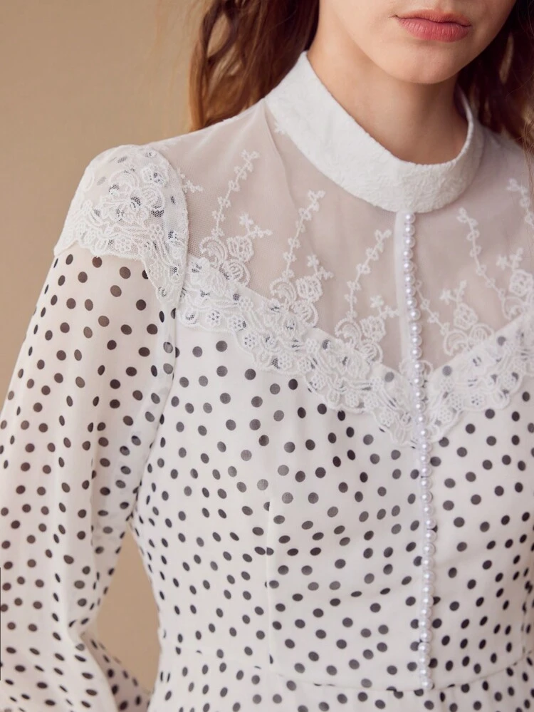 POLKA DOT CONTRAST LACE DRESS,SPRING/SUMMER
