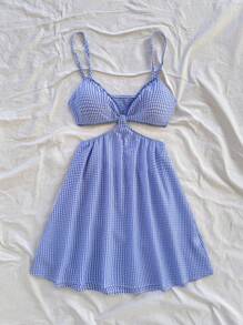 Soleia 女式蓝白格纹镂空腰部 V 领细肩带迷你连衣裙，适合夏季度假、音乐节、波西米亚风、假日、约会/下午茶、沙滩装 - 藍白色 - 查看 4