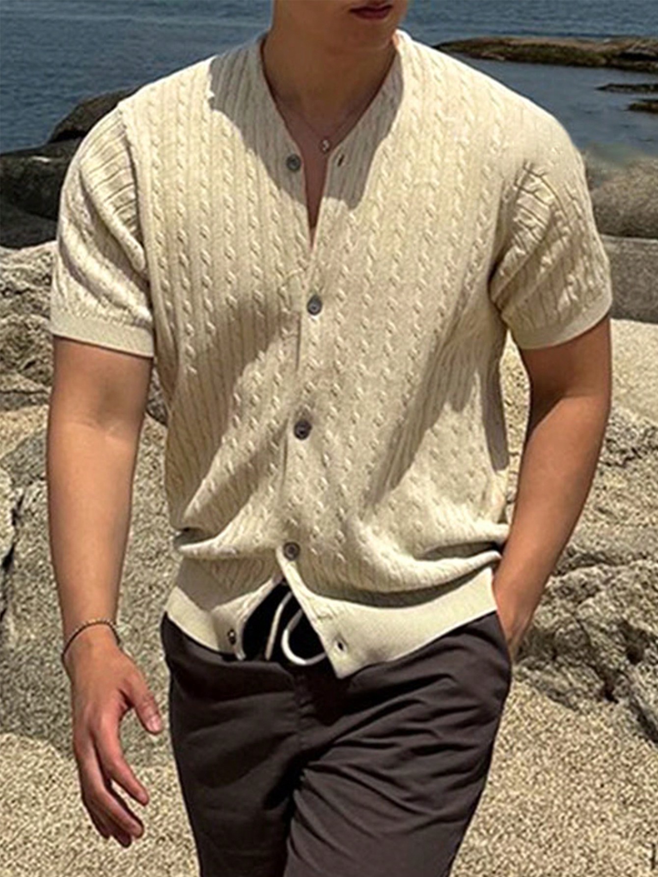 Manfinity Dauomo Men's Casual Solid Color Short Sleeve Cardigan