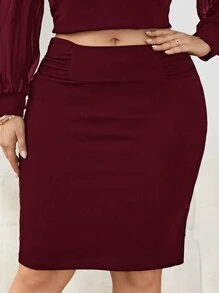 SHEIN Tall CURVE Plus Size Women's Solid Color Ruffle Bodycon Skirt - Burgundy - View 3