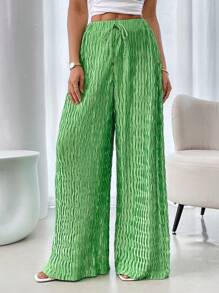 SHEIN Unity 女式纯色腰带纹理阔腿裤 - 綠色 - 查看 3