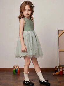 PrepCrw Vestido de punto verde con malla de contraste, estilo academia, para niñas, primavera/verano