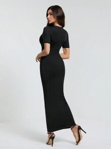 SHEIN Tall Dames effen V-hals bodycon korte mouw jurk Hoco Jurken