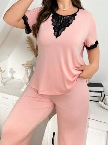 2pcs Set Women Plus Size Simple Casual Design Lace Patchwork Soft And Skin-Friendly Milk Silk Pajamas With Short Sleeve Top And Long Pants In Pink Color