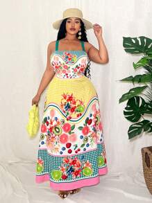 Slaydiva Casual Plus Size Women Design Sense Loose Fruit Print Camisole Loose Waist Ruffled Hem Print Dress