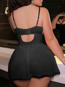 SHEIN 大码女式撞色蕾丝吊带背心性感内衣（带钢圈 + 蕾丝） - 黑色 - 查看 2