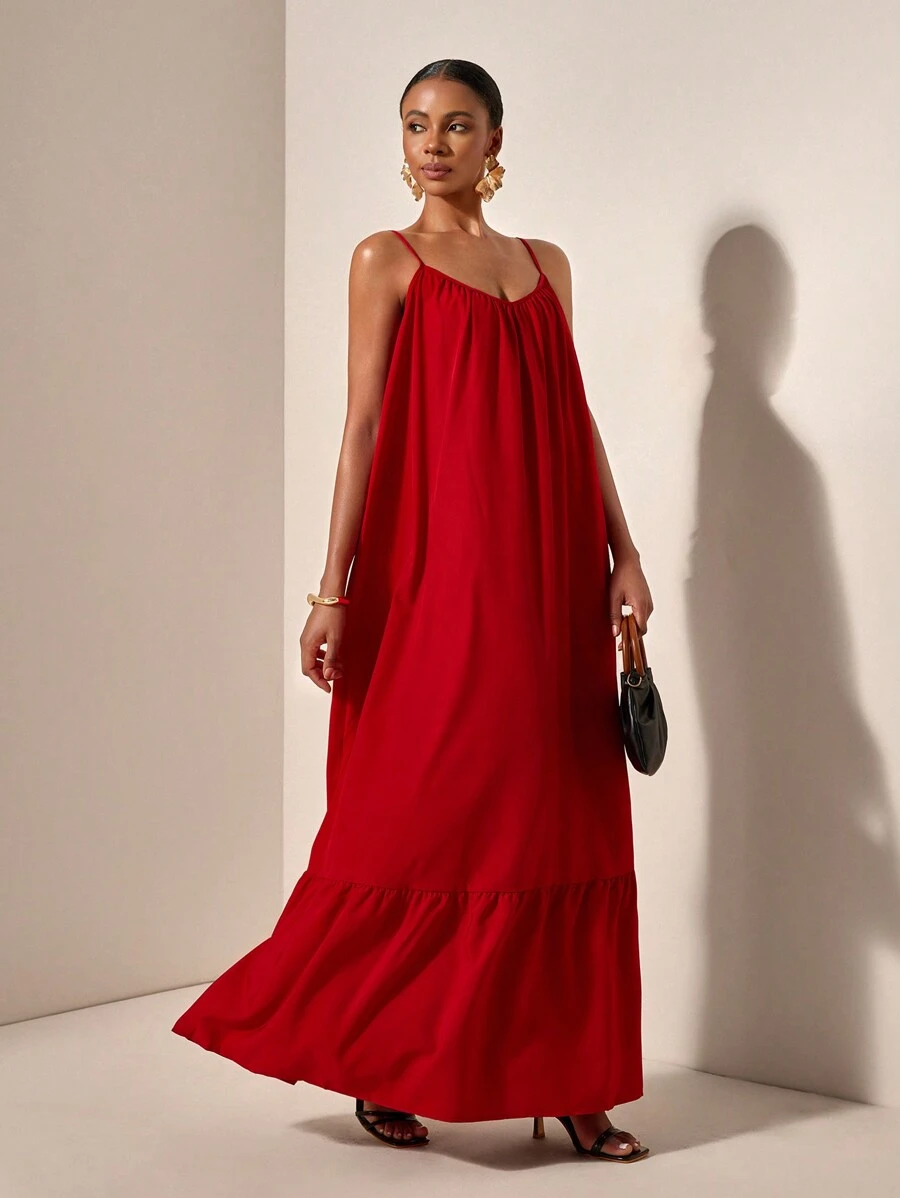 Zivah Vacation Red  Loose Fit Spaghetti Strap Smocked Ruffle Hem Backless Cami  Long Dress