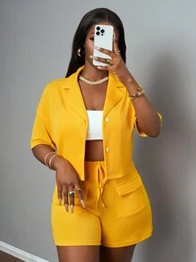 Slaydiva 2025 Sommer neue Ankunft Damen Lässig, Bohème, Western, Vintage, St. Patrick's Day, Geburtstagsfest, Abschluss, Alltag, Alles-passend, Lässig, Kreuzfahrt-Reisen, Strand, Sonnenschein, Sport Streetwear Utility Taschen Top & Kordelzug Shorts, strukturiert, gelb 2-teiliges Set