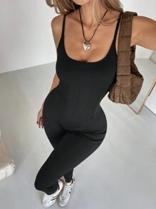 SHEIN Essnce 女士黑色连体裤纯色优雅女士休闲纯色无袖修身连体裤 - 黑色 - 查看 1