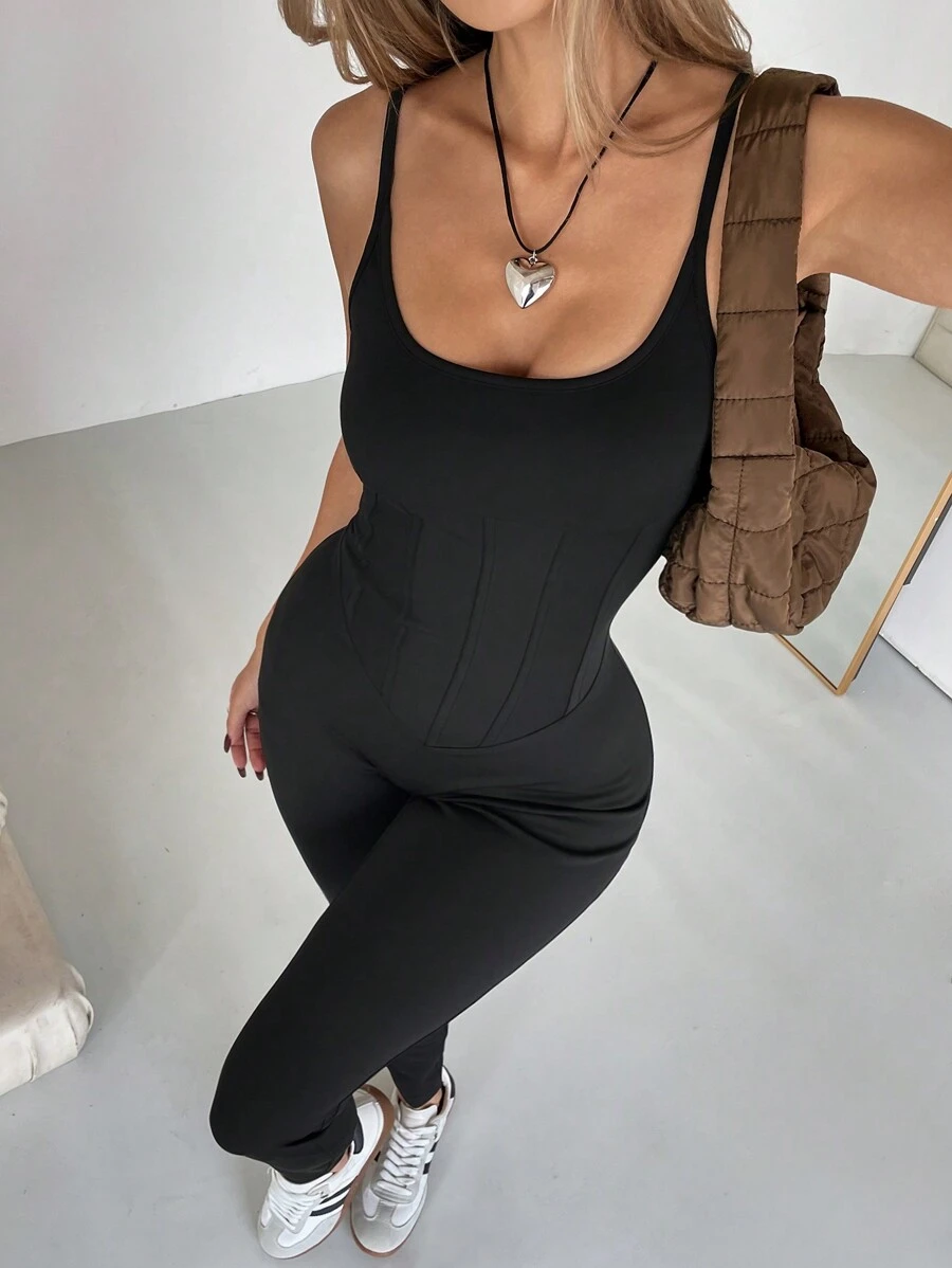 SHEIN Essnce 女士黑色连体裤纯色优雅女士休闲纯色无袖修身连体裤 - 黑色 - 查看 1