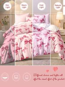 3件套水彩粉色蝴蝶结情人节数码印花床上用品套装（1个被套+2个枕套，不含被芯），可爱少女风，日常柔软涤纶面料，适合四季卧室/宿舍，浪漫家居装饰，优雅床上用品 - 粉色 - 查看 6