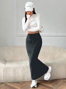 Muchica Women's Casual Dark Grey Knitted Bodycon Skirt