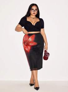 SHEIN ICON 大码花卉印花网眼美人鱼裙，红色 - 黑色 - 查看 6