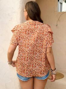 SHEIN LUNE Plus Size Women Orange Ditsy Floral Ruffle Hem Shirt, Easter