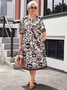 EMERY ROSE Plus Size Women Floral Print Long Sleeve Shirt Dress,Spring Dresses For Women - Brown - View 2