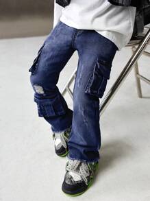 SHEIN Young Boy Distressed Fashionable Street Cool Multiple Pockets Ripped Frayed High Stretch Skinny Cargo Jeans, Leisure And Versatile For Kids Fall/Winter Indoor/Outdoor Wear - Dark Wash - View 4