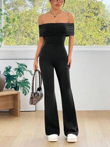 SHEIN EZwear Mono negro casual de punto holgado con hombros descubiertos y vuelo