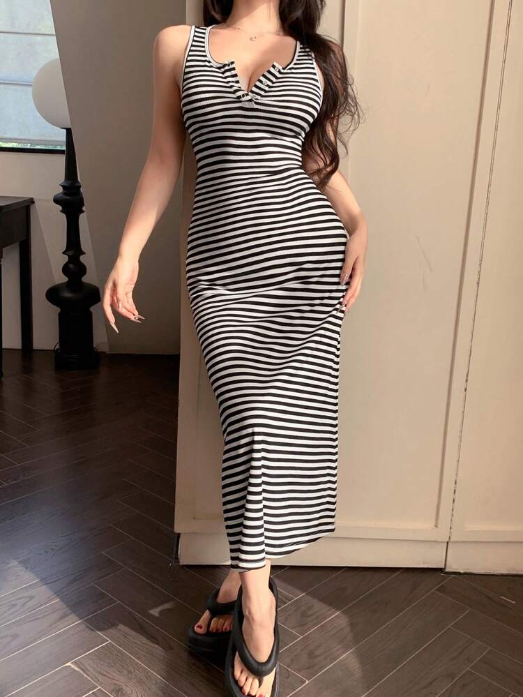 Striped Color Block Sleeveless Round Neck Midi Dress For Women Sundress,Casual Women Dresses