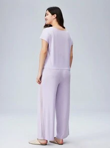 LUVLETTE Cloud Soft 柔软透气网眼短袖上衣和裤子家居服套装，轻盈透气，运动休闲舒适，带口袋的运动裤，内衣外穿家居服套装，适合春夏穿着。 - 淡紫色 - 查看 3