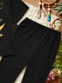 SHEIN Set de 2 piezas (top de manga corta de cuello redondo y pantalones) con gráficos de chica de dibujos animados, apropiado para el verano - Negro - Ver 5