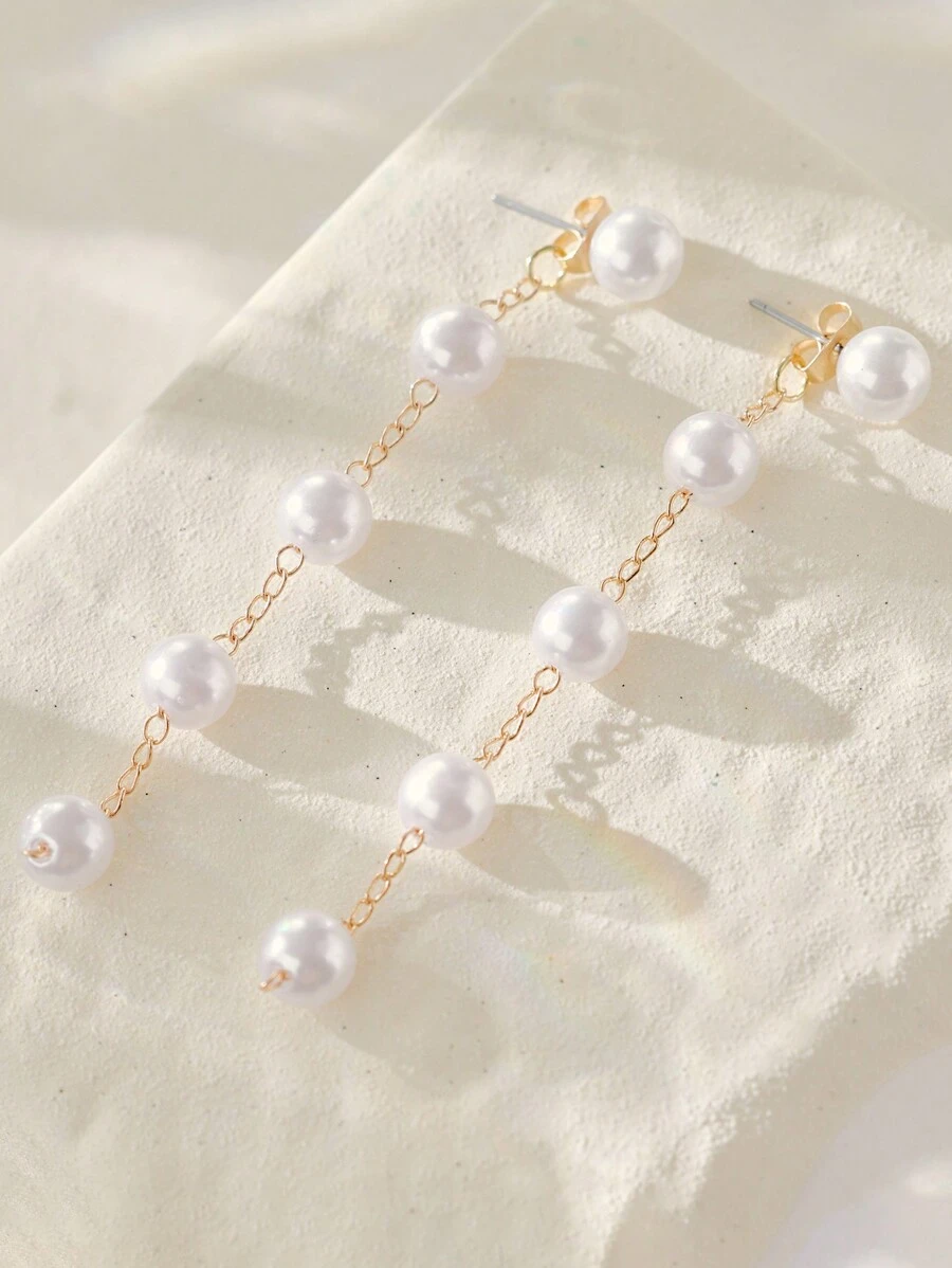 1对优雅珍珠链坠耳环，女士款，仿珍珠线性耳环，珍珠流苏吊坠耳环，两种佩戴方式，珍珠耳钉，前后皆可佩戴，珍珠耳夹，新娘婚礼珍珠耳环，圣诞节冬季圣诞礼物 - 珍珠白 - 查看 1