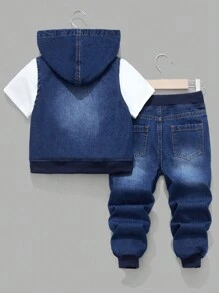 SHEIN 2 件套年轻男孩街头酷蓝色牛仔连帽无袖背心和罗纹松紧腰慢跑裤套装，适合儿童日常穿着和街头装