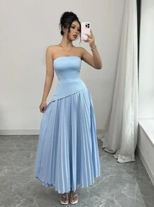 Elenzga 欧美度假风蓝色时尚百褶露肩连衣裙 - 藍色 - 查看 1