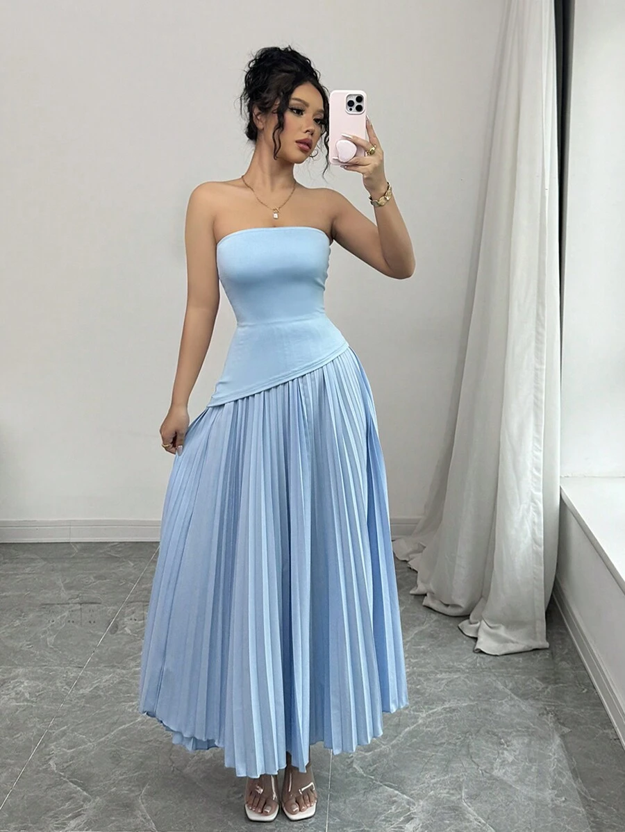 Elenzga 欧美度假风蓝色时尚百褶露肩连衣裙 - 藍色 - 查看 1