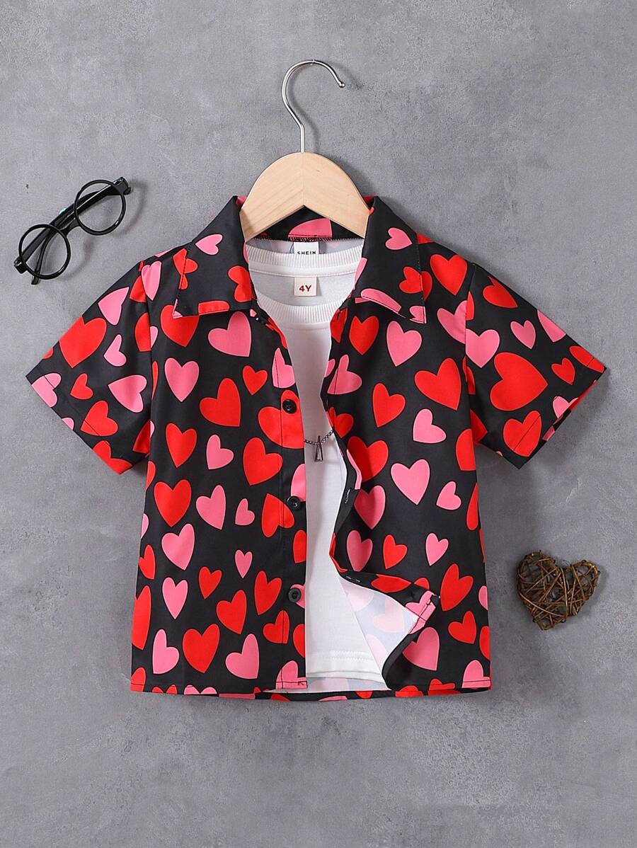 SHEIN Explorewe 男孩情人节休闲全心印花纽扣衬衫，时尚舒适 - 紅色 - 查看 1