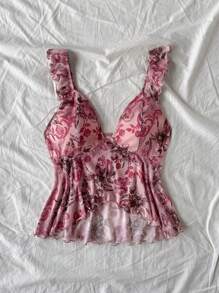 Soleia 女士度假复古佩斯利印花图案盖袖 V 领针织网眼不对称下摆修身背心，适合约会、下午茶、音乐节、西部度假、夏季装扮 - 彩色 - 查看 3