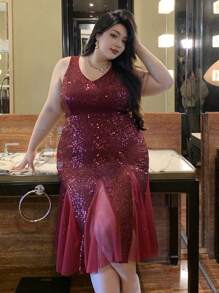 Dazy Plus Plus Size V-Neck Elastic Patchwork Net Yarn Cocktail Party Burgundy Dress, Spring/Summer Prom Dress Sundress Wedding Women Dresses Elegant Women Dresses Carnival - Burgundy - View 4