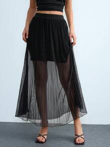 Lumivelle Mesh Patchwork Solid-Color Bodycon Maxi A-Line Pleated See-Through Open Slit Elegant Formal Party Date Night Sexy Commuter Pure Chiffon Women Long Skirt Y23K