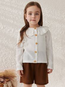 SHEIN Young Girls Elegant Ruffled Collar Knit Cardigan, Spring/Summer - White - View 4