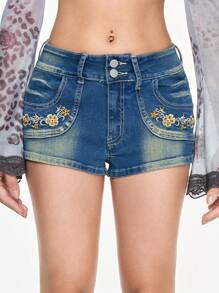 ROMWE Grunge Punk Summer Beach, Graduation, Easter, Concert, Nashville Vacation Vintage Style Women's Denim Shorts With Cute Floral Embroidery Pockets, Washed Look - Blue - View 3