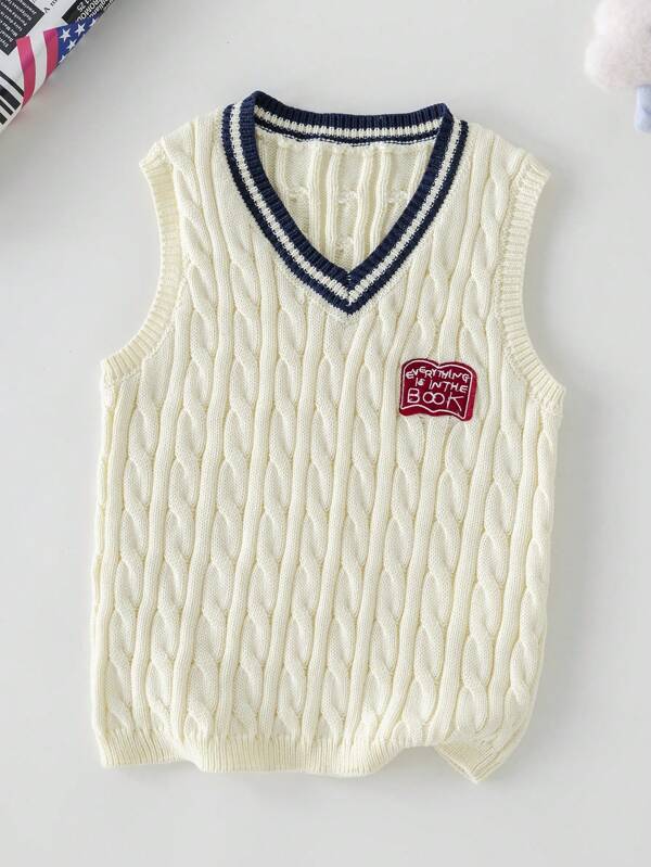 PrepCrw Jersey sin mangas de cuello en V suelto con contraste de color rojo y blanco y bordado, para niños, estilo escolar de otoño/invierno, de vuelta al colegio