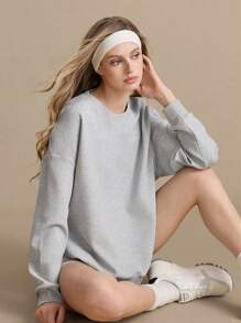 Gameset SHEIN Sport Women's Solid Color Crew Neck Drop Shoulder Long Sleeve Casual Sweatshirt - Light Grey - View 1