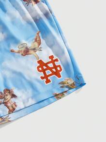 ROMWE MEN Casual Men's Angel Print Drawstring Waist Pocket Shorts, Vacation