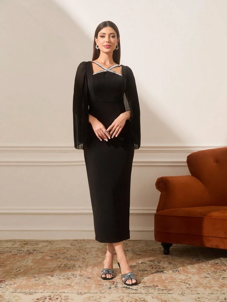 CUCCOO TILAWA Black Square Toe Rhinestone Decor Casual High Heel Sandals For Women Spring Shoes Spring Break Easter Prom Heels