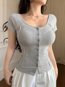 DAZY 女士纯色圆领插肩袖短袖单排扣针织上衣夏季 - 灰色 - 查看 8