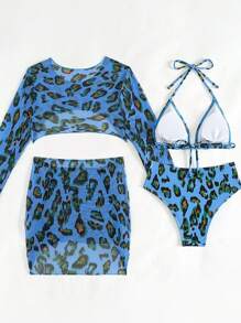 Swim SXY 4 件春假套装新款豹纹随机印花三角上衣和下装和长袖罩衫和沙滩抽绳纱笼，夏季海滩休闲运动节日约会节日派对女士泳装比基尼套装度假 - 彩色 - 查看 4